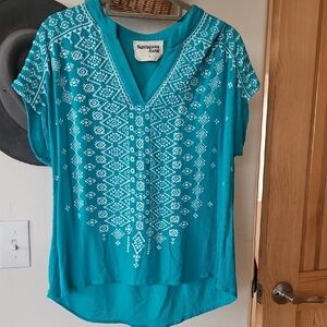 Savanna Jane Turquoise and White Embroidered Blouse